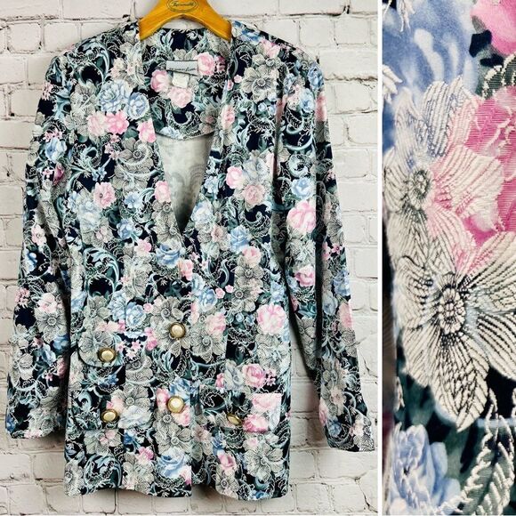 Vintage 90s Breakin’ Loose Navy Floral Tapestry Blazer - Picture 2 of 15